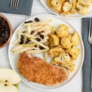 Breaded Pork Chop with Curry Roasted Cauliflower & Apple-Raisin Salad