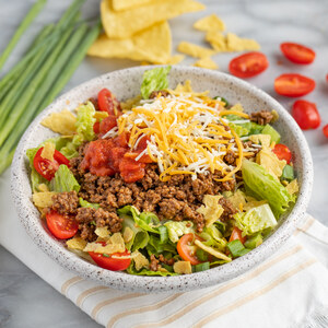Beef Taco Salad with Romaine, Tomato, Tortilla Chips, Cheese & Salsa