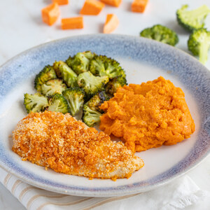 Cheddar Crusted Chicken with Mashed Sweet Potatoes & Roasted Broccoli