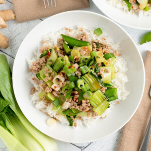 Spicy Asian Pork, Bok Choy & Snap Pea Stir-Fry over Jasmine Rice