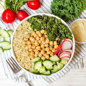 Quinoa Bowl with Kale Chips, Marinated Chickpeas & Tahini Dressing