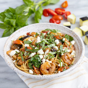 Basil-Balsamic Spaghetti with Shrimp, Eggplant, Tomato & Feta