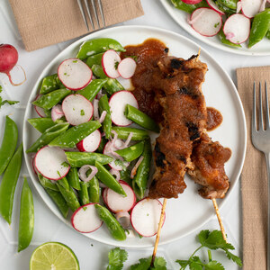 Grilled Apple BBQ Chicken Skewers with Snap Pea, Lime & Radish Salad