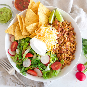 Bean Burrito Bowl with Rice, Cheese, Yogurt, Guacamole, Salsa & Chips