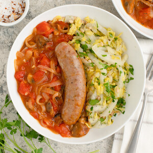 Baked Italian Sausage, Tomato & Mushroom Skillet with Sautéed Cabbage