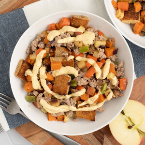 Sausage, Apple & Sweet Potato Stuffing Bowl with Sweet Curry Sauce