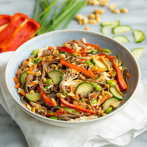 Chicken Soba Noodle Salad with Edamame, Cilantro & Peanut Dressing