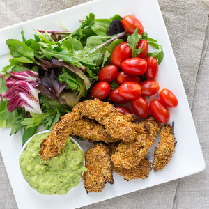 Chicken Fingers & Avocado Dip with Greens & Grape Tomatoes