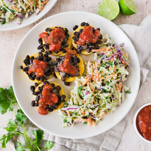 Cheesy Black Bean-Polenta Stacks with Salsa & Creamy Avocado Slaw