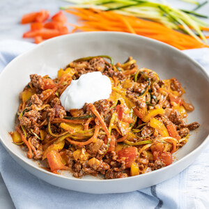 Cheesy Tex-Mex Beef, Carrot & Zucchini Noodle Skillet with Yogurt