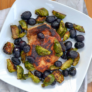 Dijon Pork Chops with Roasted Brussels Sprouts & Grapes