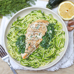 Pan-Seared Chicken with Zucchini Noodles & Creamy Lemon-Dill Spinach