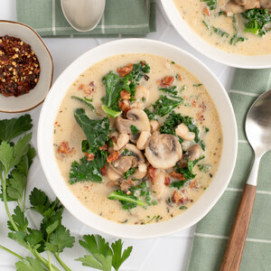 Creamy White Bean "Alfredo" Soup with Bacon, Mushrooms, Kale & Parsley