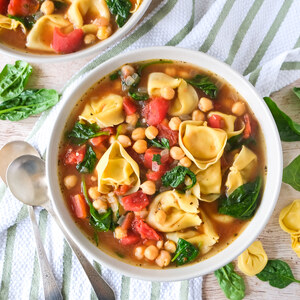Tortellini, Chickpea, Spinach & Tomato Soup with Basil
