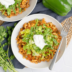 One-Pot Turkey Taco Pasta with Bell Pepper, Shredded Lettuce & Yogurt
