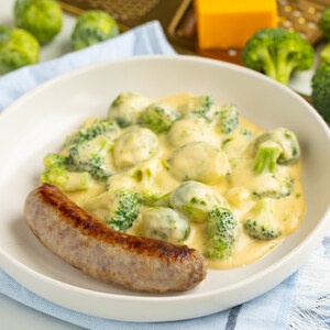 Pan-Fried Sausage with Cheesy Brussels Sprouts & Broccoli