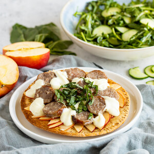 Sausage, Apple & Goat Cheese Pita Pizza with Arugula-Cucumber Salad