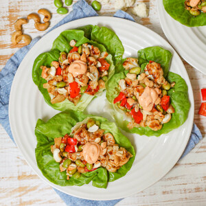"Kung Pao" Cauliflower-Edamame Lettuce Cups with Cashews & Spicy Mayo