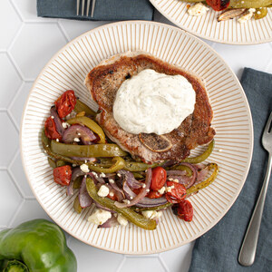 Seared Pork Chop with Tzatziki, Bell Pepper-Tomato Medley & Feta