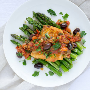Cod Poached in Fresh Tomato Sauce with Roasted Asparagus